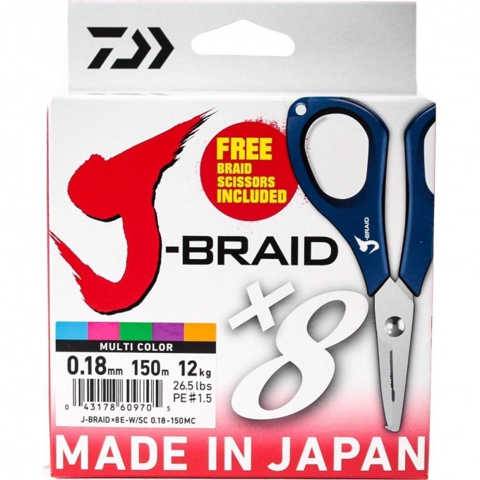 Шнур DAIWA J-Braid X8E-W/SC 0,18мм 150м multicolor + ножницы 40002987